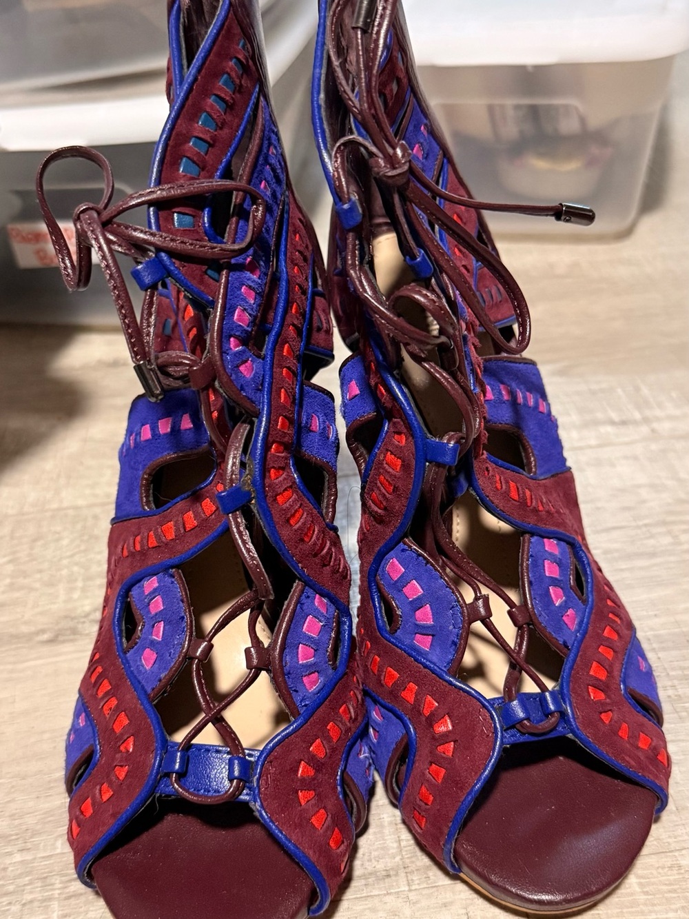Gianni Bini Multicolor Lace-Up Cutout Heels in Burgundy, Blue & Pink